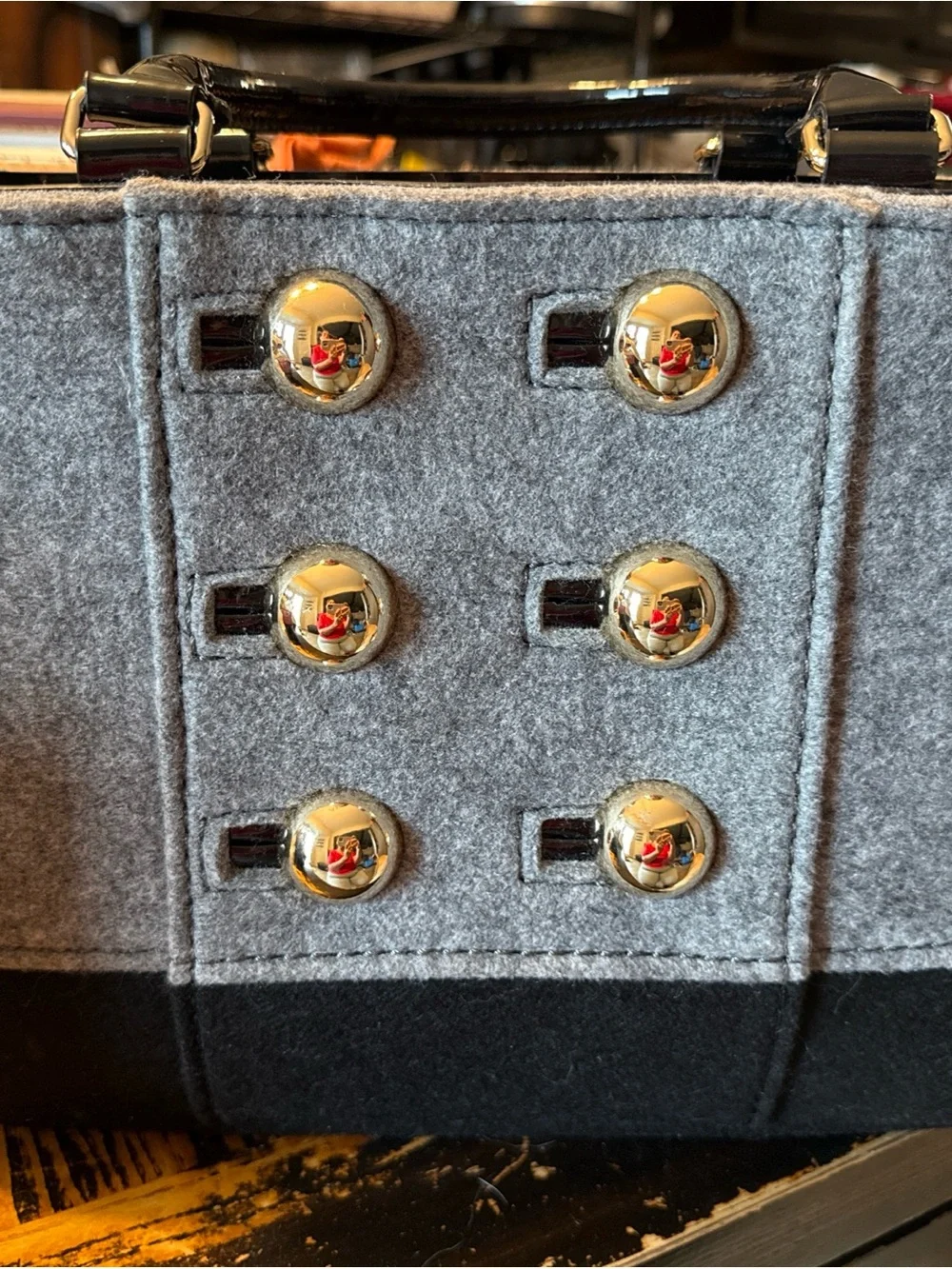 kate spade Gray Felt Tote with Black Patent Handles & Gold Buttons